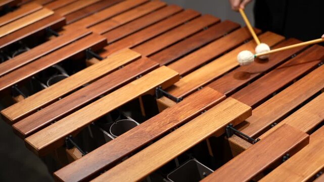 Musician hands percussionist playing marimba xylophone concert top down view