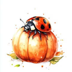 Obraz premium Ladybug watercolor cartoon sitting on pumpkin for halloween concept on white background