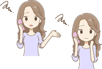 Long-haired woman talking on mobile phone with troubled face (upper body)
