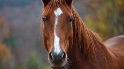 Obraz premium A brown horse with a white face is looking at the camera. The horse is standing in a field with trees in the background
