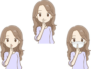 Long-haired woman making shh gesture (3 upper body poses)