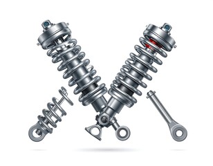 Two disassembled metallic shock absorbers, displayed in an 'X' formation against a white backdrop, showcasing internal components