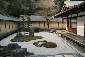 Serene Japanese Zen Garden with Raked Sand, Mossy Rocks, and Traditional Architecture in Soft Sunlight