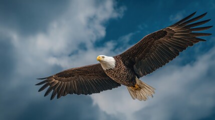 Fototapeta premium A large eagle is flying in the sky with a cloudy background. The eagle is soaring high above the clouds, giving the impression of freedom and power. Concept of awe and admiration for the majestic bird