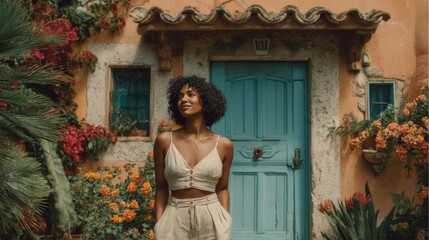 Fototapeta premium Smiling Woman in Cream Outfit Near Colorful Flowers and Blue Door