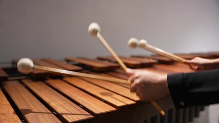 Musician hands close up percussionist playing marimba xylophone concert POV lens blur 4 mallets - Powered by Adobe