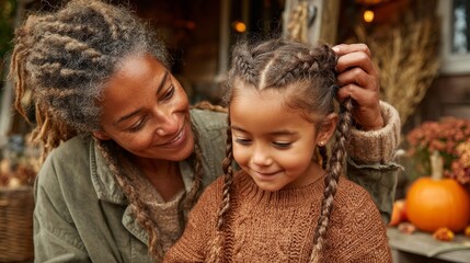Woman and Girl Braiding Hair on Autumn Porch