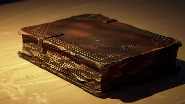 Old, thick, leather-bound book with embossed designs, sitting on a wooden surface