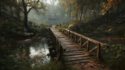 Rustic Wooden Bridge Over a Calm River in an Autumn Forest
