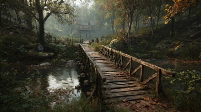 Rustic Wooden Bridge Over a Calm River in an Autumn Forest