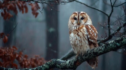 Tawny Owl Perched on Mossy Branch in Rainy Forest