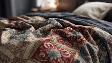 Bed with patterned blanket and dark bedding