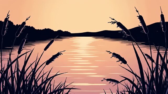 Simplified lake view with bulrushes in the foreground, sunset sky backdrop