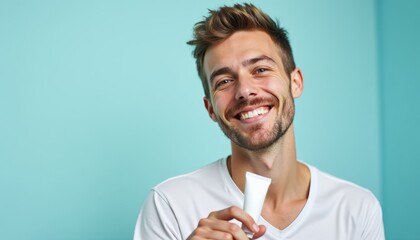 Clean commercial studio portrait of a handsome male with a product and a confident smile on a light blue background