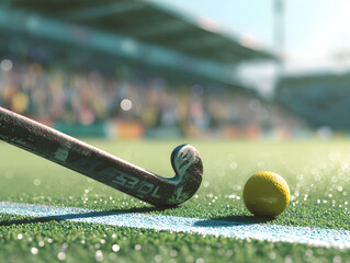 Closeup of a field hockey stick and ball on a green grass field