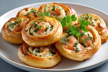 Delicious puff pastry swirls with smoked salmon, cream cheese and herbs garnishing a plate