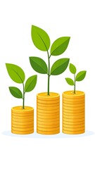 Three stacks of gold coins, each topped with a growing plant, representing financial growth
