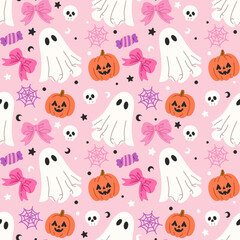 Pink Halloween Pumpkin Ghost Seamless Pattren, Pink Halloween Pumpkin Boo Digital Paper, Halloween Background, Halloween Wallpaper