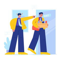 An angry boss pointed to the exit and fired an employee vector illustration