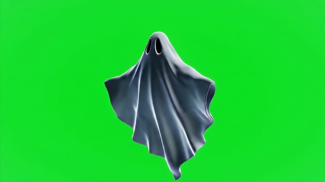 A floating grey ghost on a green screen background.