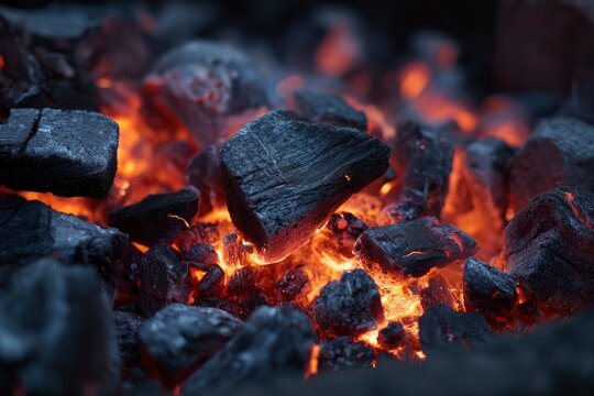 Glowing embers and charcoal with chunks of charred wood nestled among hot glowing fragments emitting heat and light