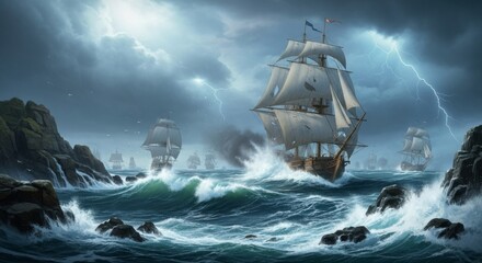 Obraz premium Tall ships sailing through a stormy sea with lightning
