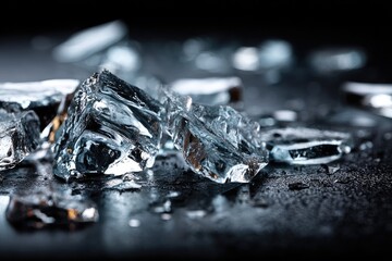 Shattered ice cubes on dark surface