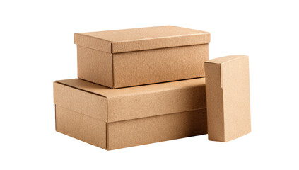 Three stacked cardboard boxes, light brown kraft paper.  Boxes vary in size, one slightly smaller and positioned off-center.  Simple, clean design.  Flat-top lids.  Isolated on white background
