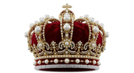 Ornate royal crown with pearls and jewels isolated on transparent background
