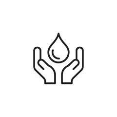 Hands holding water drop icon in black outline style for conservation  
