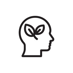 Human head with leaf icon in black outline style for eco thinking  
