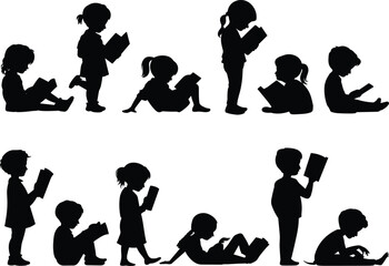 Silhouette children reading books in various poses, promoting literacy, education, imagination, and storytelling in playful cartoon-style vector illustration