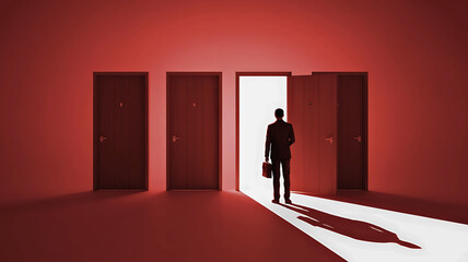 Businessman stands before an illuminated doorway, symbolizing new opportunities and challenging choices ahead on a journey of ambition and the future.