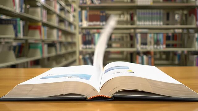 Open book with pages turning on a table in a library with blurred shelves behind