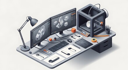 Isometric Desk Setup for Advanced Product Design and Manufacturing, 3D Printing, CAD, Engineering, Design, Technology, Innovation