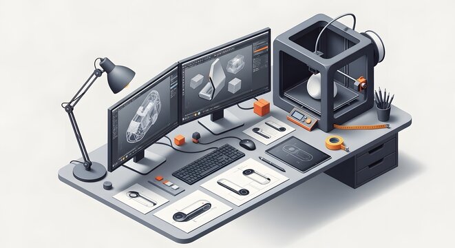 Isometric Desk Setup for Advanced Product Design and Manufacturing, 3D Printing, CAD, Engineering, Design, Technology, Innovation