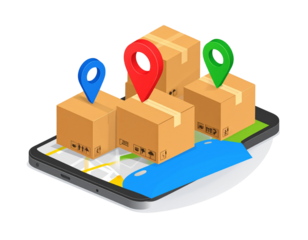 Multiple Parcels with Floating Location Pins over Smartphone GPS Map, Isometric View, Isolated on White Background