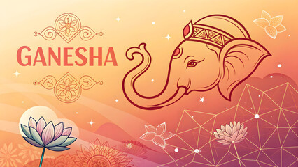 Naklejka premium Ganesha Digital Artwork Warm Gradient Orange Red Pink Lotus Mandala Design Geometric Pattern Spiritual Indian Deity Elephant Head