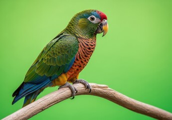 Obraz premium Colorful Parrot Perched on Tree Branch in Bright Green Background