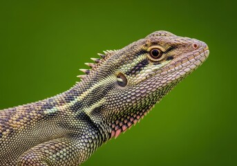 Obraz premium Close-up of a Colorful Green and Brown Lizard with Textured Scales and Sharp Spines on a Vibrant Green Background