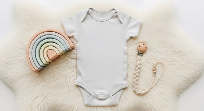 Blank White Baby Bodysuit Mockup Layflat, Newborn, Neutral, Pastel, Nursery Decor, Rainbow Toy