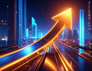 Rising Golden Arrow in Futuristic Cityscape: Business Growth Concept