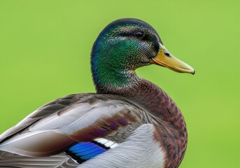 Obraz premium Colorful Male Mallard Duck Standing on Green Background