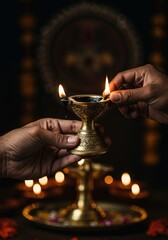 Closeup of hands lighting a traditional indian brass diya oil lamp during a festival celebration