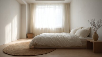 Fototapeta premium Minimalist bedroom interior with white bedding and jute rug