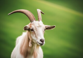 Graceful Goat with Curved Horns Standing in Green Pasture