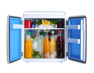 Open Cooler Showing Ice and Drinks, Angled Side View, Isolated on White Background