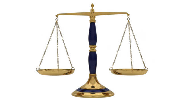 Antique brass balance scales isolated on transparent background