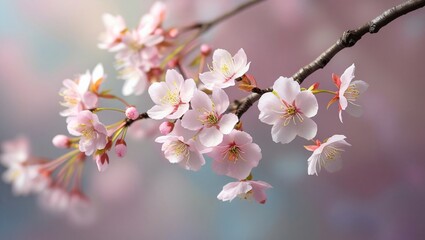 Obraz premium close-up of a blooming cherry blossom branch with soft pink petals