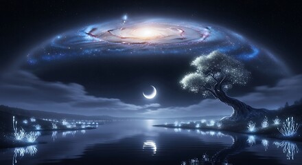 Surreal Nightscape: Galaxy Above, Glowing Tree, Crescent Moon, and Reflective Lake